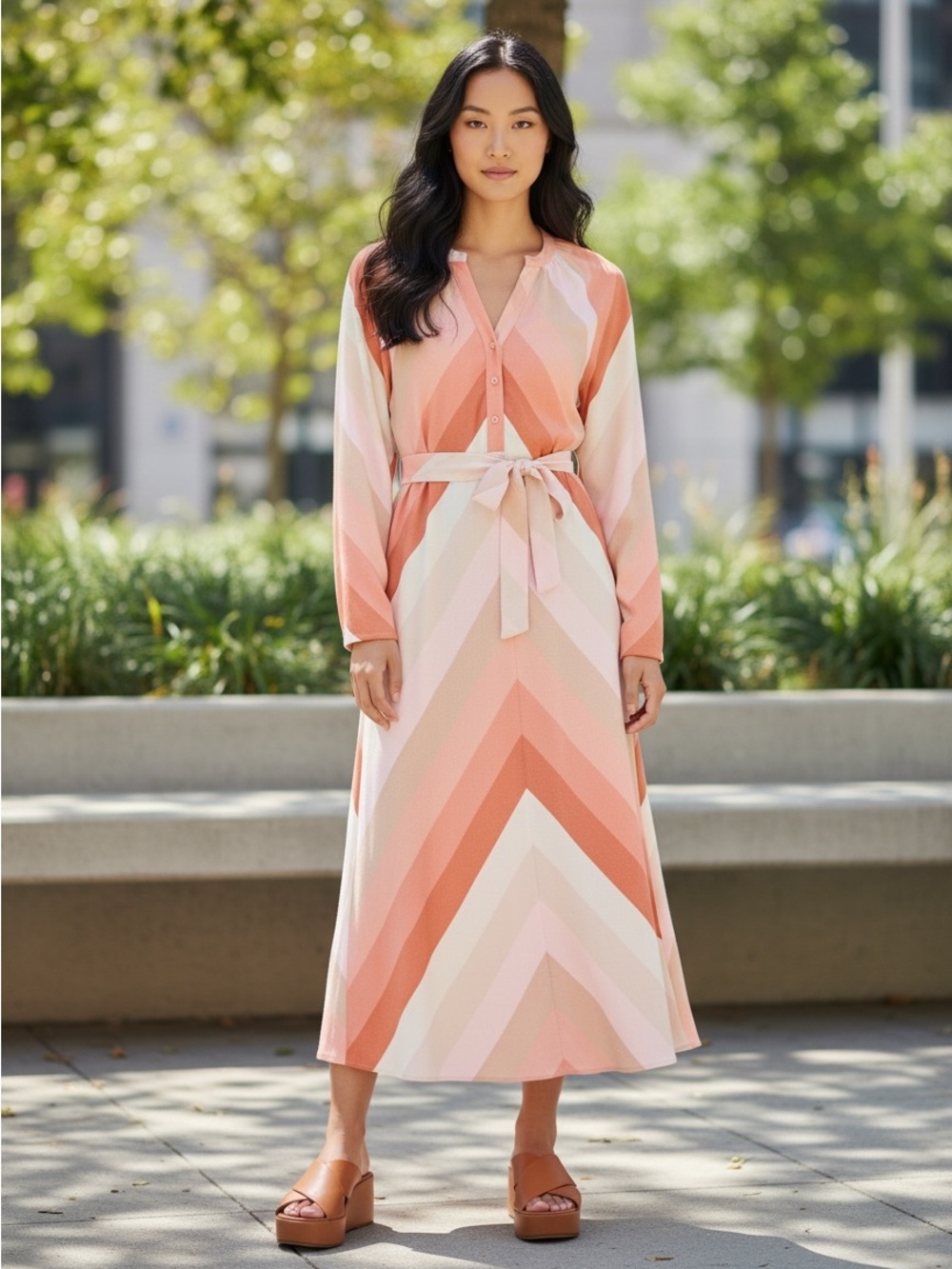 Caslon Chevron Long Sleeve Midi Dress Sz S Classic Colorblock
